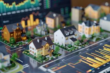 Close-up of a 3D rendering of a housing complex on a computer screen, economic growth charts beside 