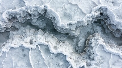 Close-up of a white travertine terrace with hot spring water flowing over it. - obrazy, fototapety, plakaty
