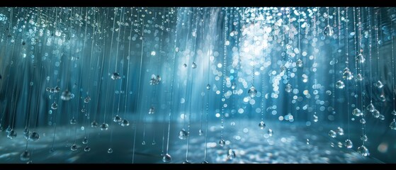 Close-up of raindrops falling on water surface in slow motion. - obrazy, fototapety, plakaty