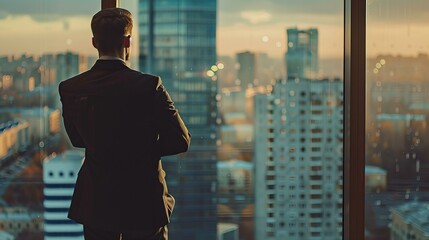 Fototapeta premium Thoughtful young businessman stands office window, vibrant city sunset. Aspiration, leadership