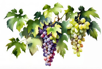 Watercolor illustration of ripe grape clusters with vibrant leaves isolated on white, ideal for vineyard harvest, wine-making themes, or organic produce promotions - obrazy, fototapety, plakaty