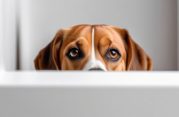 Beagle dog looks at the camera on a light background, space for text