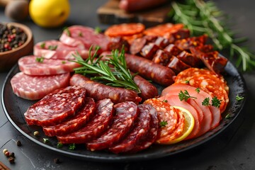 Delicious array of sausages garnished lemon slices and fresh herbs, culinary themes
