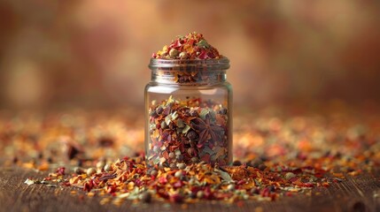 Colorful spices spilled from a glass jar. The background is blurred, and the spices are in focus. The image is warm and inviting. - obrazy, fototapety, plakaty