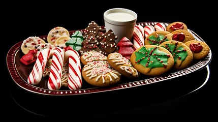 A festive platter of holiday cookies decorated with icing, sprinkles, and edible glitter, featuring gingerbread men, sugar cookies, and peppermint bark.
