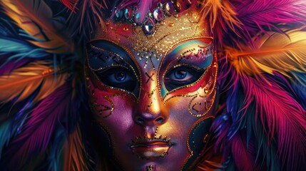 Illustration of a feathered carnival masquerade mask in radiant colors