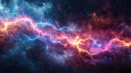 Electric currents flow through space in vibrant hues of blue, purple, and pink, reminiscent of a celestial fireworks display. - obrazy, fototapety, plakaty