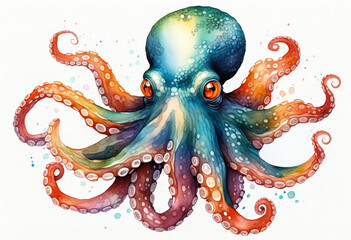 Colorful watercolor illustration of an octopus, ideal for marine life themes, educational content, and World Oceans Day promotional materials