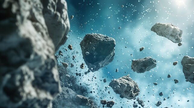 abstract background with broken meteoroids drift in empty space.