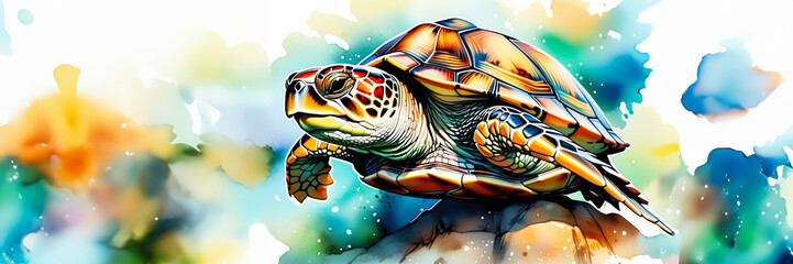 Vibrant digital artwork of a sea turtle against a colorful abstract background, suitable for World Turtle Day and ocean conservation themes - obrazy, fototapety, plakaty