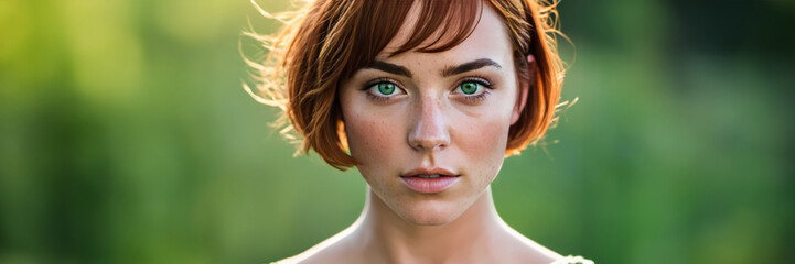 Fototapeta premium Redheaded young woman with green eyes and freckles looking serene against a blurred nature background, evoking Spring and natural beauty themes