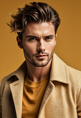 Fototapeta premium Stylish young caucasian male model with trendy hairstyle posing in autumn fashion attire against a mustard background, ideal for fall season campaigns