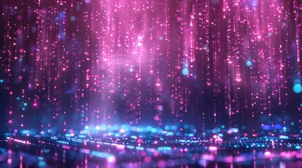 Glittering pink particles float in the air like rain against a dark blue background with a glowing grid. - obrazy, fototapety, plakaty