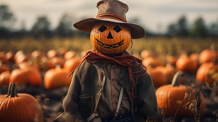 A scarecrow standing tall in a pumpkin patch