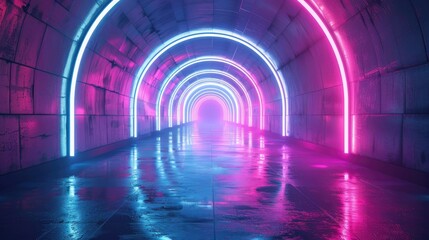 Glowing blue and pink neon lights in a dark tunnel. - obrazy, fototapety, plakaty