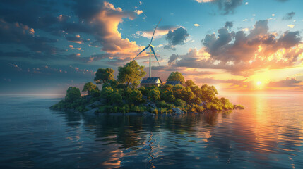 Idyllic small island with lush greenery, a solitary wind turbine, and a quaint house, bathed in warm sunlight at sunset with calm surrounding waters.