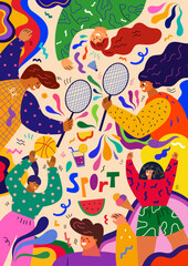 Sport poster. Colorful summer vector banner with people doing sports. An illustration showing summer sports activities: volleyball and badminton. People playing outdoors. Summer time concept design