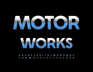 Vector metallic icon Motor Works. Modern Silver Font. Cool Iron Alphabet Letters and Numbers set. 