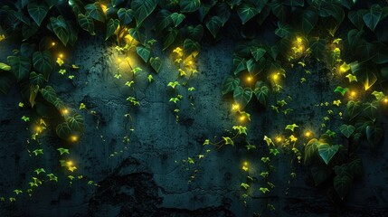 Glowing plant growing up a stone wall. - obrazy, fototapety, plakaty
