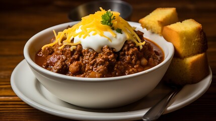 A hearty bowl of beef chili topped with shredded cheddar cheese, diced onions, and sour cream, served with a side of cornbread for dipping.