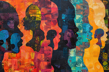 Fototapeta premium Close-up of a canvas painted with diverse human silhouettes, each filled with distinct cultural patterns, illustrating individuality within community 