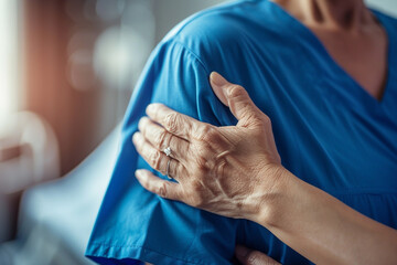 Close-up of a caregivers hand patting a patients shoulder, symbolizing empathy and support during recovery in a hospital environment 