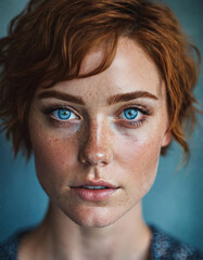 Fototapeta premium Portrait of a young Caucasian woman with vibrant blue eyes and red hair, suggesting concepts of beauty diversity, St Patrick's Day, and Irish heritage