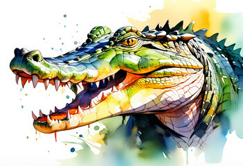 Vibrant watercolor illustration of an alligator's head, perfect for wildlife-themed projects, conservation events, and World Wildlife Day promotions
