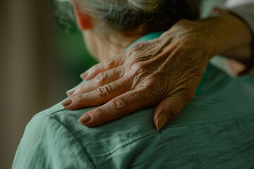 Close-up of a caregivers hand patting a patients shoulder, symbolizing empathy and support during recovery in a hospital environment 