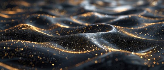 Black and gold particles form an abstract background with a wavy pattern.