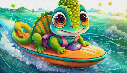 oil painting style CARTOON CHARACTER CUTE a beautiful baby chameleon rides a jet ski on the sea