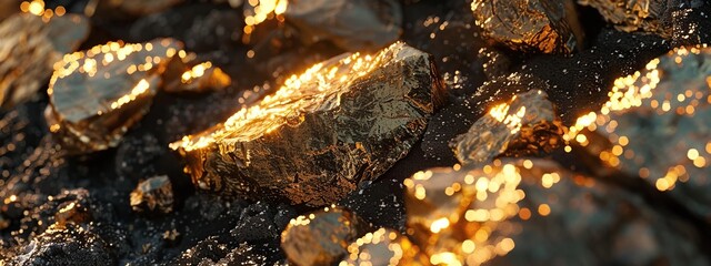 Gold nuggets as background, closeup view. Gold ore texture