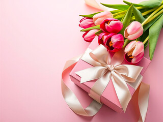 Mother day or valentine day concept. Bouquet of pink tulips and gift box on pink background