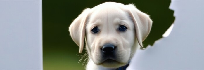Labrador puppy looking at the camera through a torn piece of paper, space for text