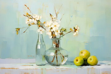 Still life in light green tones. Oil painting in impressionism style. Horizontal composition.