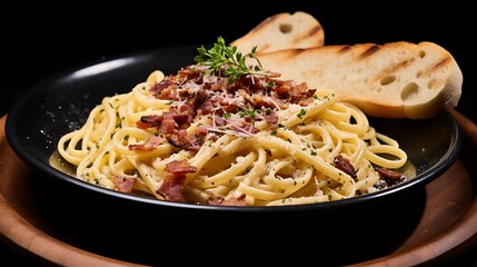 A plate of creamy carbonara pasta topped with crispy pancetta, grated Parmesan cheese, and freshly cracked black pepper, served with garlic bread on the side.