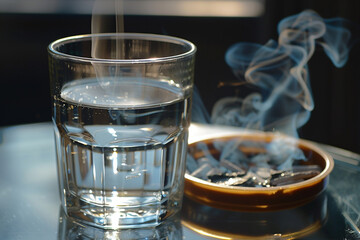 Close-up of a clear glass of water overshadowing a murky ashtray, illustrating the choice between purity and pollution 
