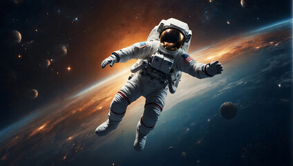Epic cinematic portrayal of an astronaut gracefully floating in the vast expanse of space, a...