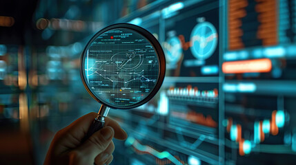 Analyst holding magnifying glass over charts on computer screen, data analyst