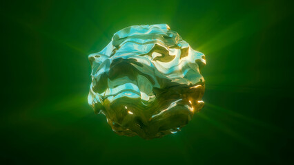 Green energy magic sphere round high-tech digital iridescent morphing ball of liquid metal with light rays lines and energy particles. Abstract background