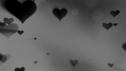 Glowing tender beautiful cute flying love hearts on a black and white background for Valentine's Day