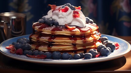 A plate of fluffy blueberry pancakes topped with maple syrup and a dollop of whipped cream, served with a side of crispy bacon and fresh berries.