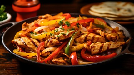 A plate of savory chicken fajitas served sizzling hot from the skillet, with tender strips of chicken, saut?(C)ed peppers and onions, and warm tortillas on the side.
