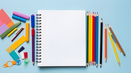 Blank paper mockup template with neatly arranged school supplies,