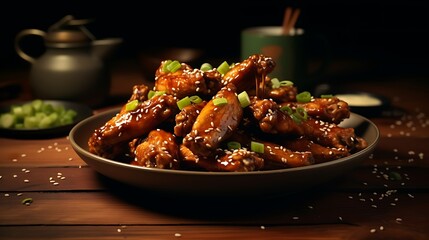 A plate of spicy chicken wings tossed in barbecue sauce and garnished with chopped green onions and sesame seeds, served with ranch dressing for dipping.