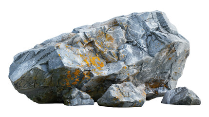 A large, irregularly shaped rock with blue-gray tones and yellow lichen patterns, accompanied by smaller fragments, on a clean white background.