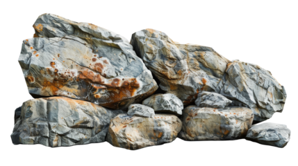 A cluster of realistic boulders with varied gray tones and textured surfaces, displaying intricate patterns of wear and natural weathering, isolated on a white background.