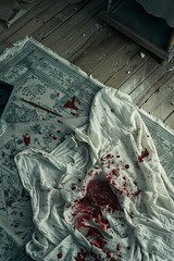 A bed is seen covered in a white sheet, which is stained with blood. The unsettling scene suggests a violent incident has taken place in the room