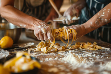 Close-up of a family's hands preparing homemade pasta, flour dusted on the kitchen counter  