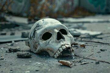 A VetalVit A killers mask is discarded on the ground after a brutal accident, leaving a skull exposed and lifeless in its surroundings